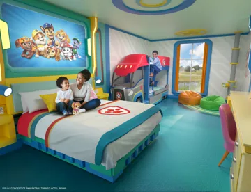 PAW Patrol Bedroom Artist Impression featuring adults bed with PAW Patrol character artwork and a PAW Patroller themed kids bunk bed
